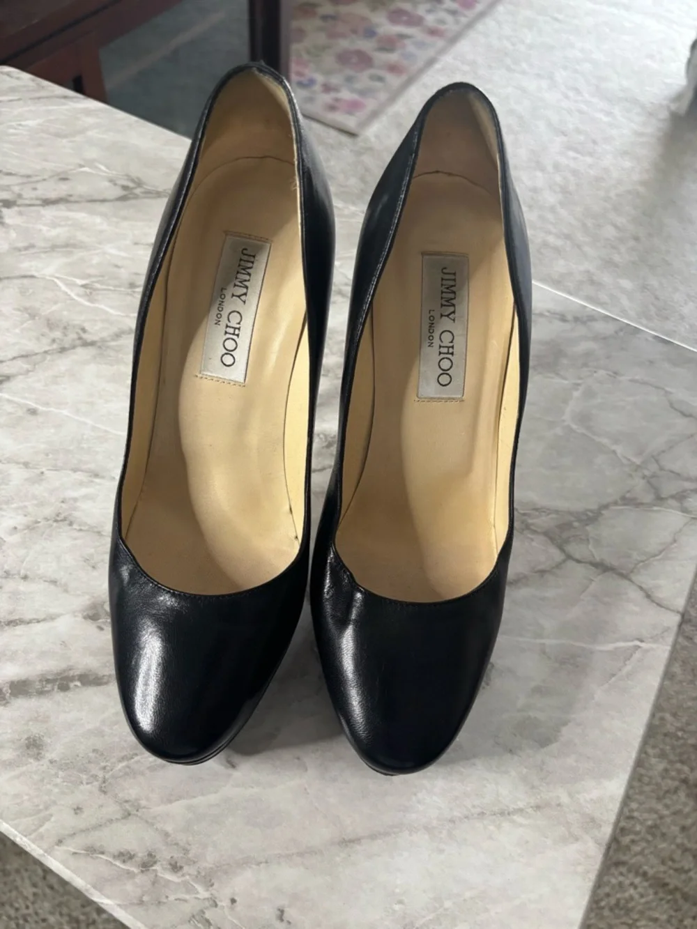 JIMMY CHOO Black Leather 5” Stiletto Platform Pumps Round Toe Size 37.5